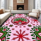 Festive Red Green Bell Snowflake Medallion Rug