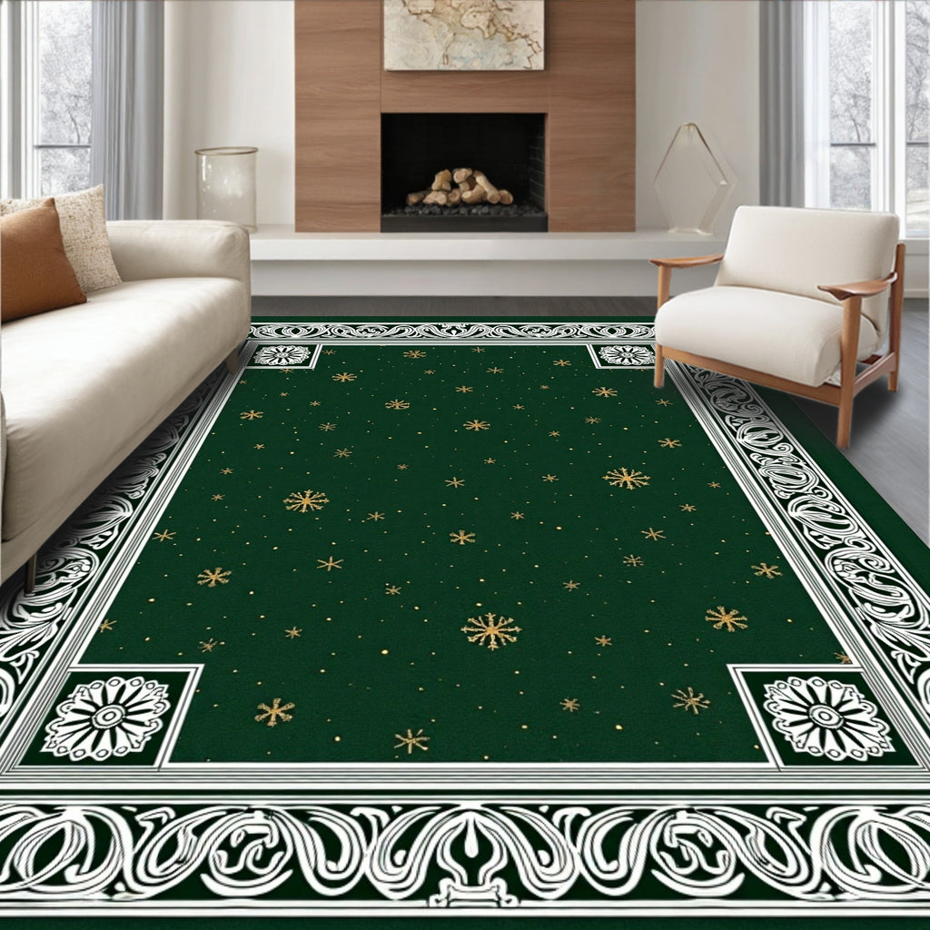 Ornate Emerald Snowflake Medallion Border Rug