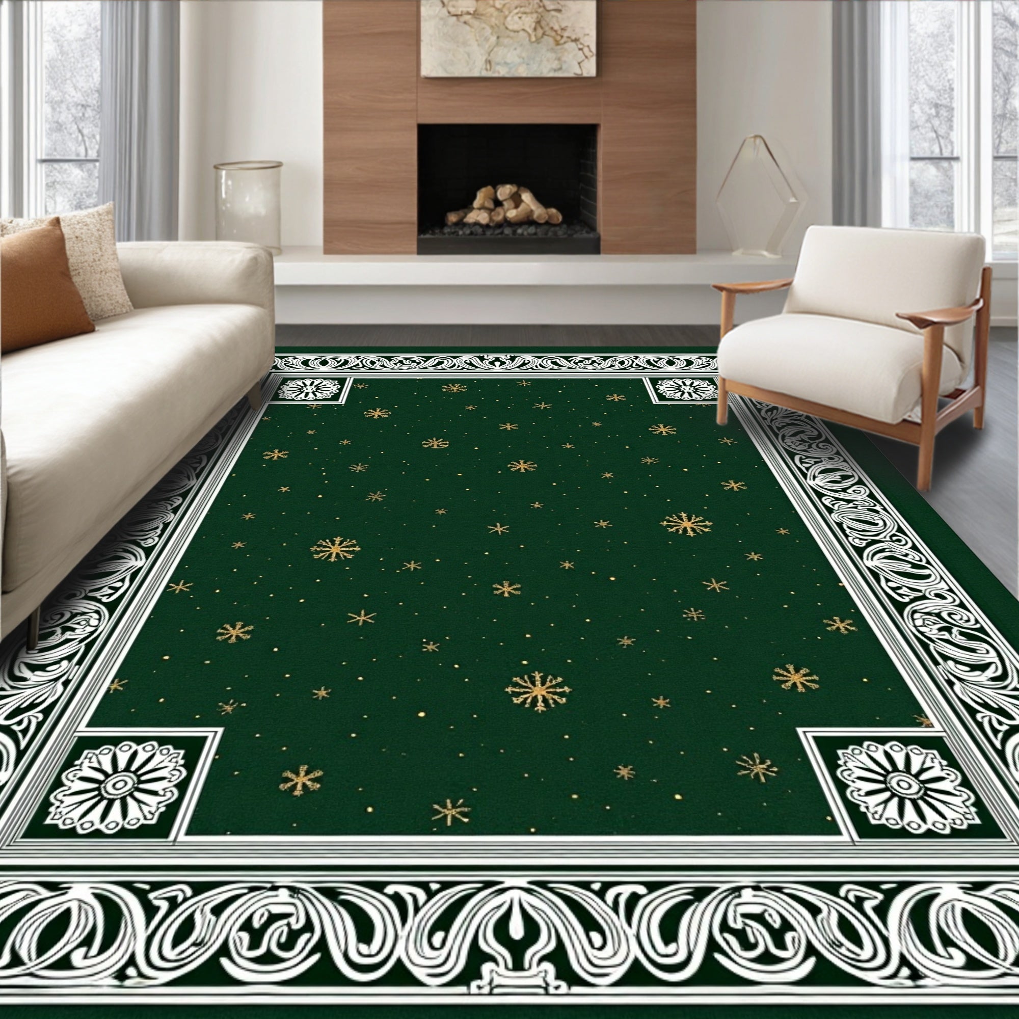 Ornate Emerald Snowflake Medallion Border Rug