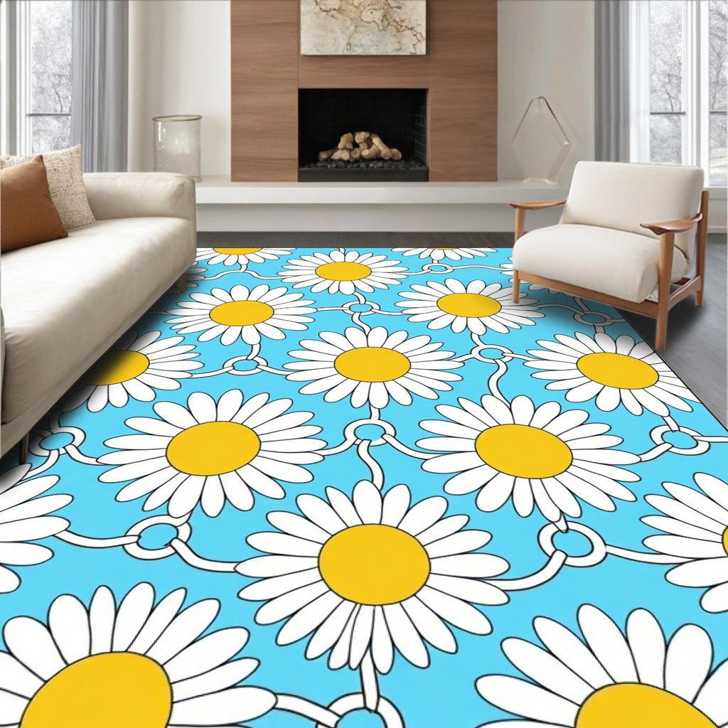White Daisy Chain Blue Field Rug