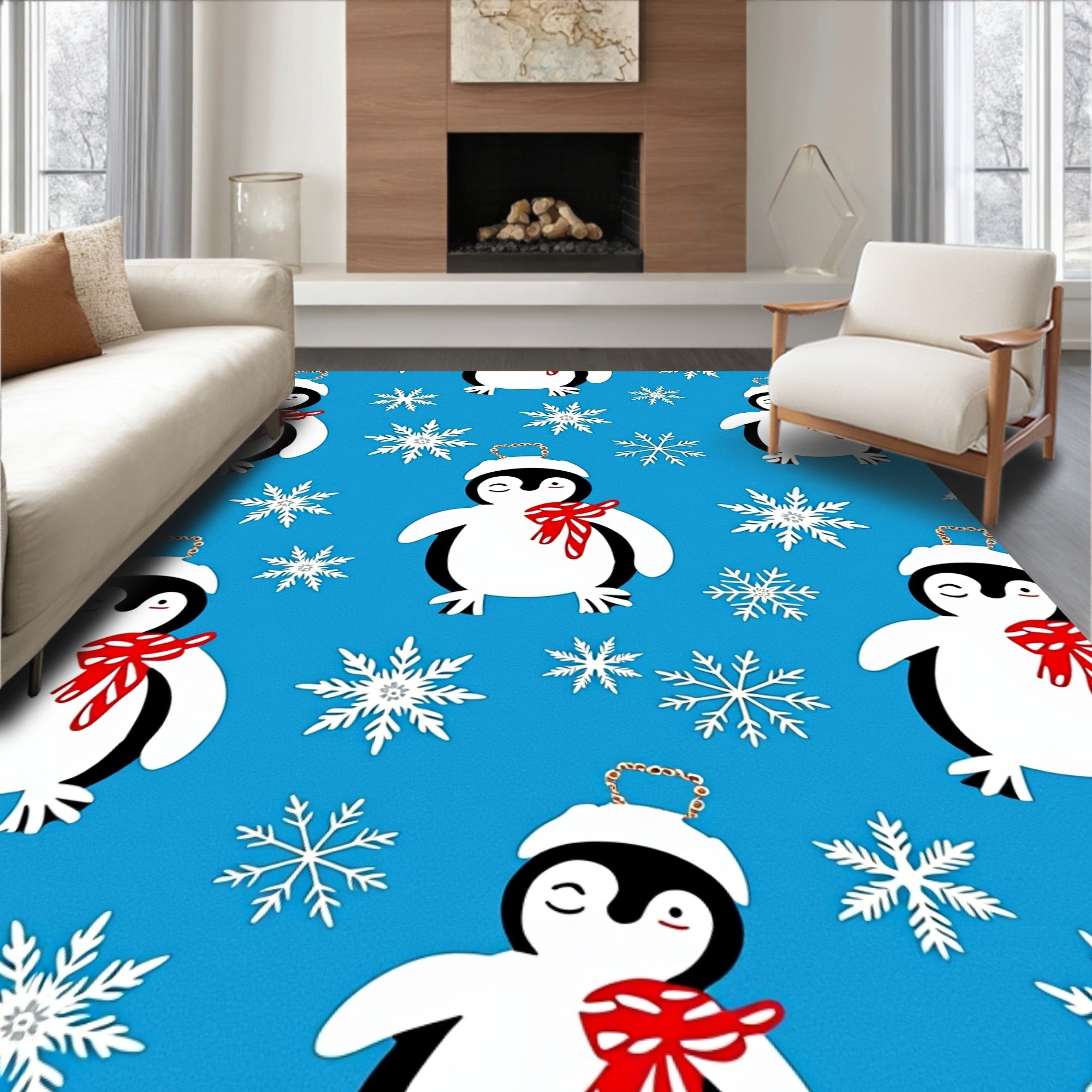 Charming Penguin Snowflake Holiday Ornament Rug