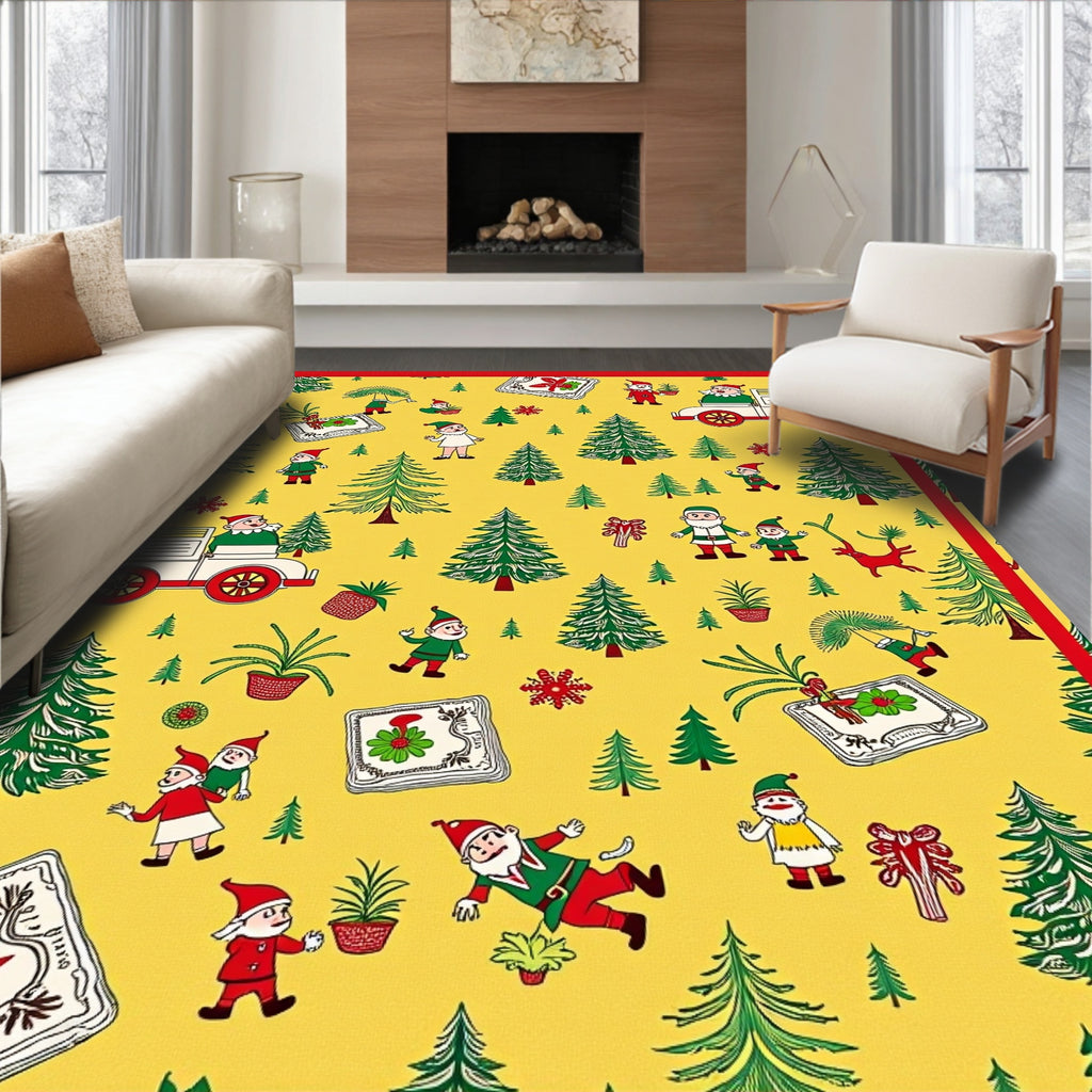 Festive Yellow Christmas Elves Forest Rug