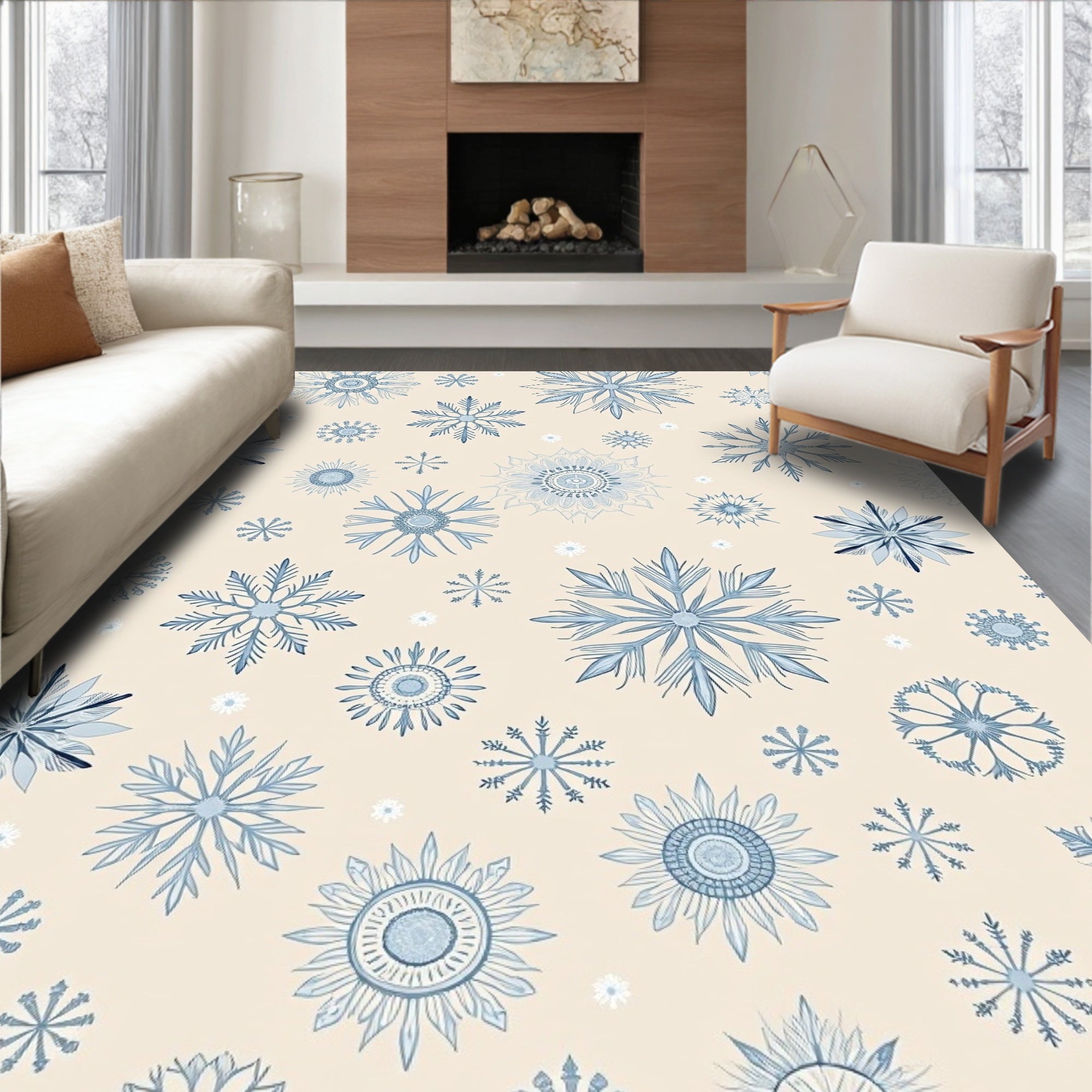 Blue Snowflake Collage Cream Background Rug