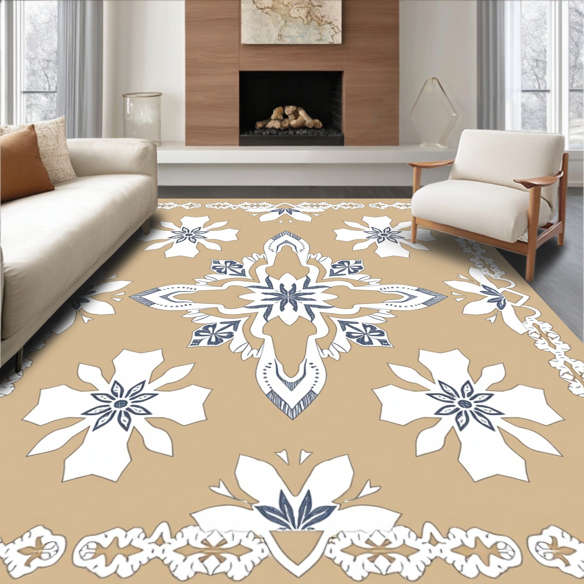 Tan Blue White Floral Medallion Tapestry Rug