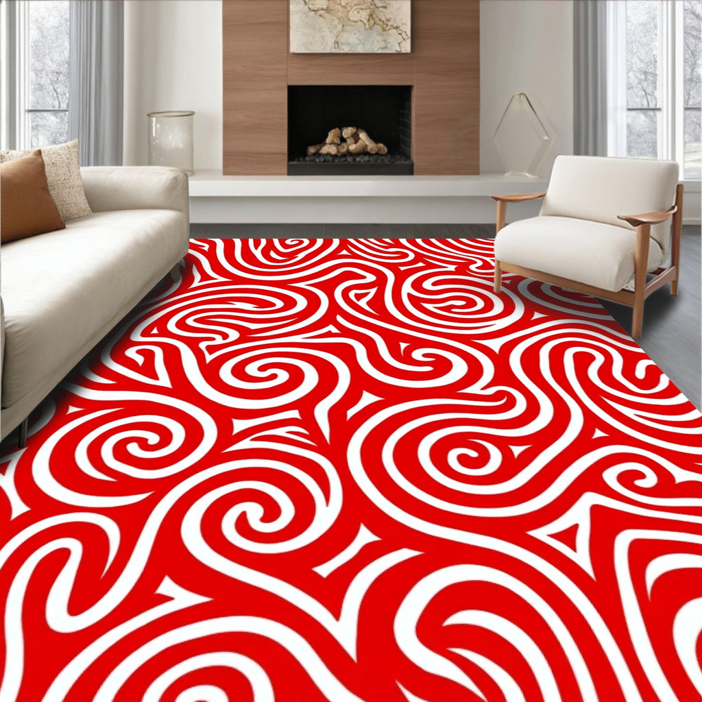 Red White Swirling Abstract Waves Rug