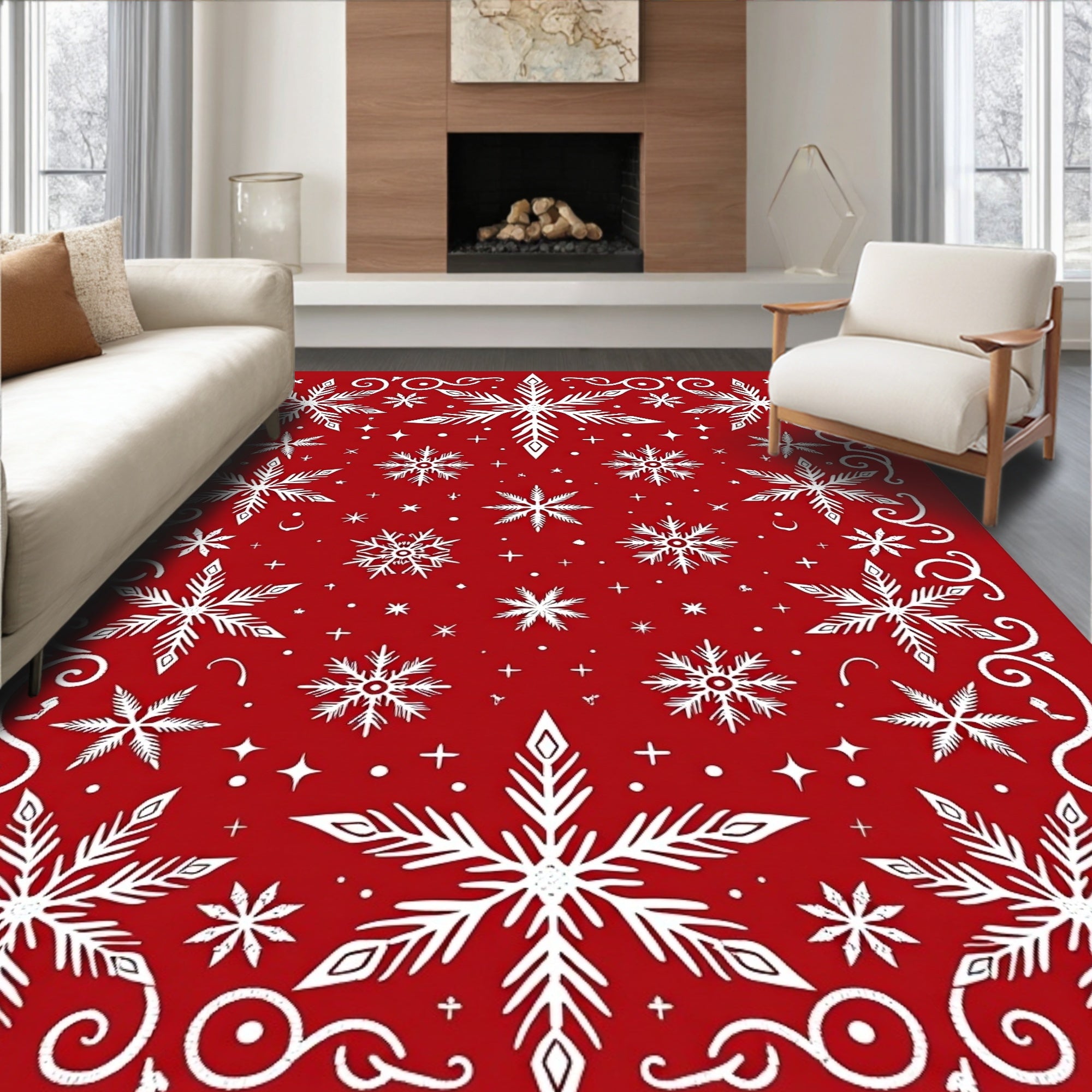 Festive Red White Snowflake Collage Rug