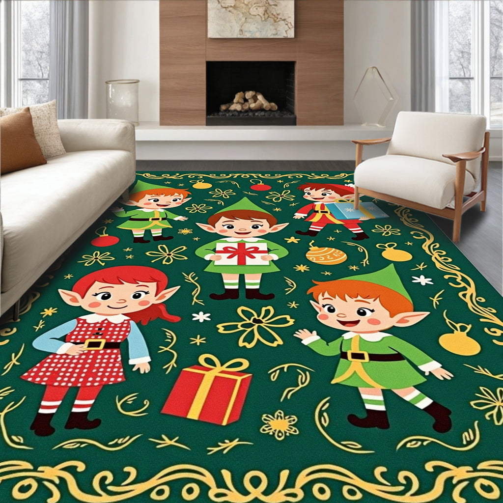 Christmas Elves Presents Green Gold Border Rug