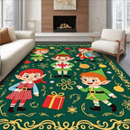Christmas Elves Presents Green Gold Border Rug