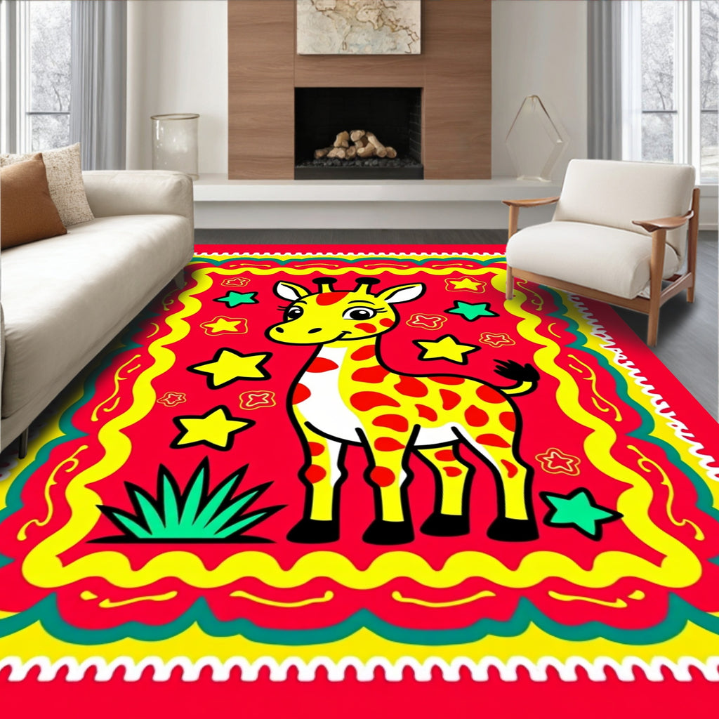 Playful Yellow Giraffe Star Border Rug