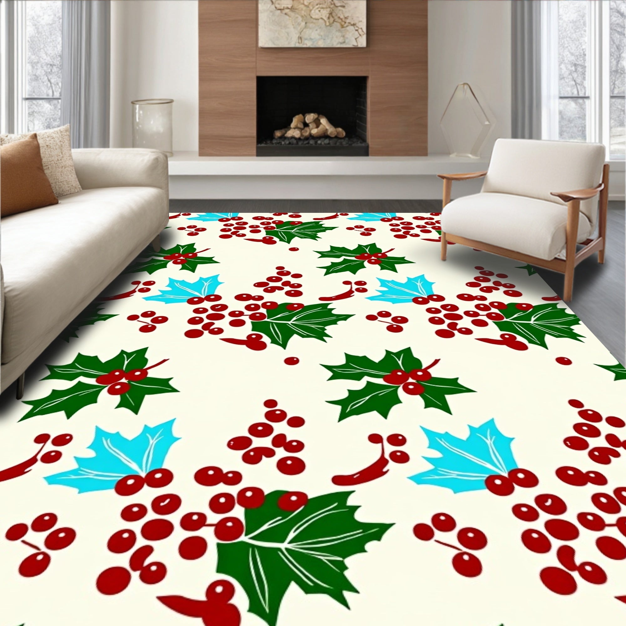 Festive Red Berry Holly Sprigs Rug