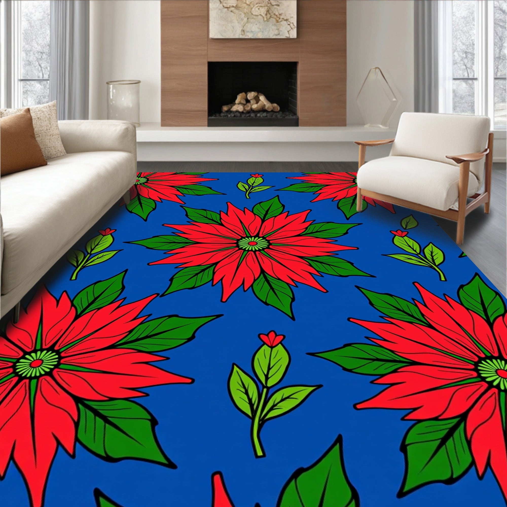 Red Floral Bloom Sapphire Background Rug