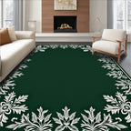 Dark Green White Floral Border Rug