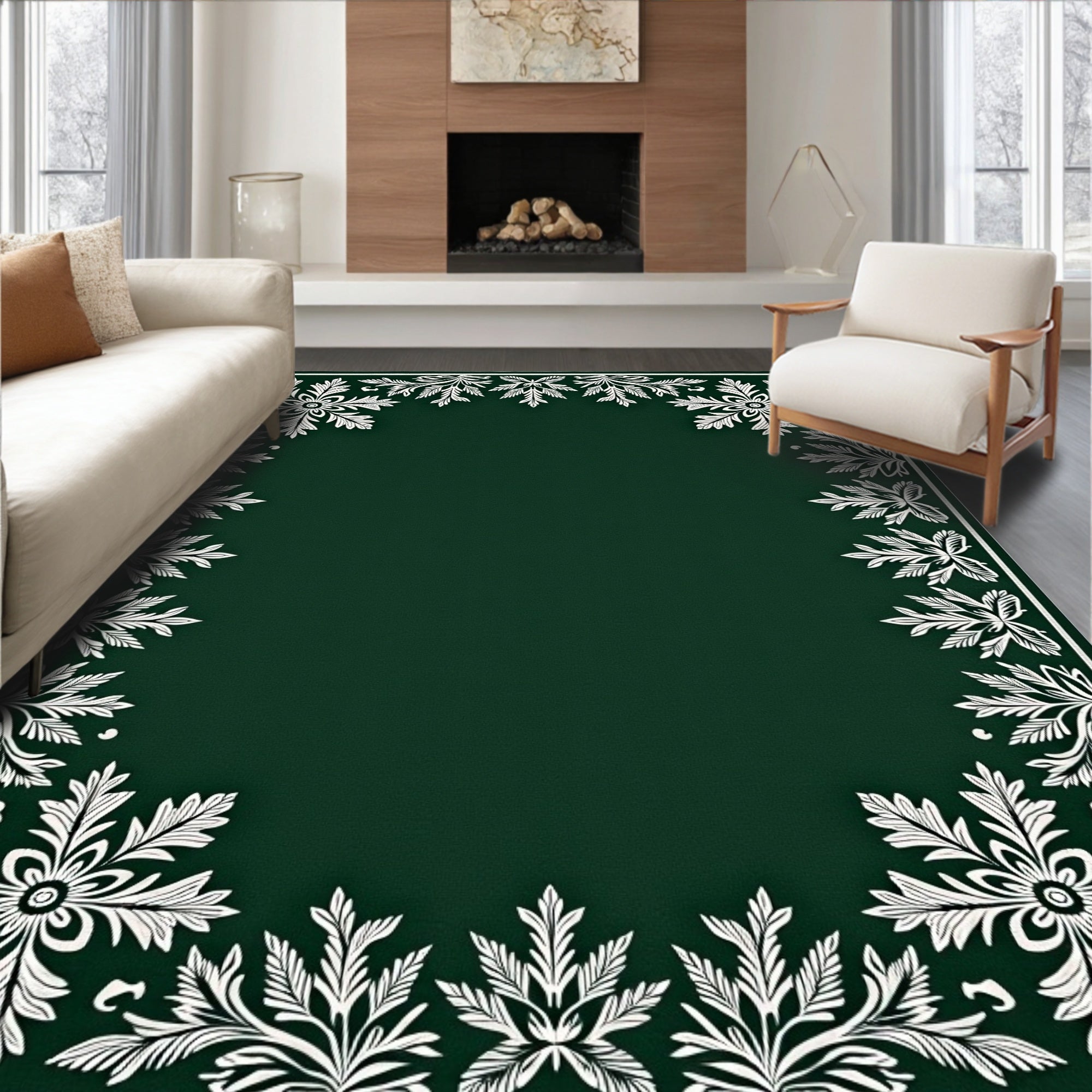 Dark Green White Floral Border Rug