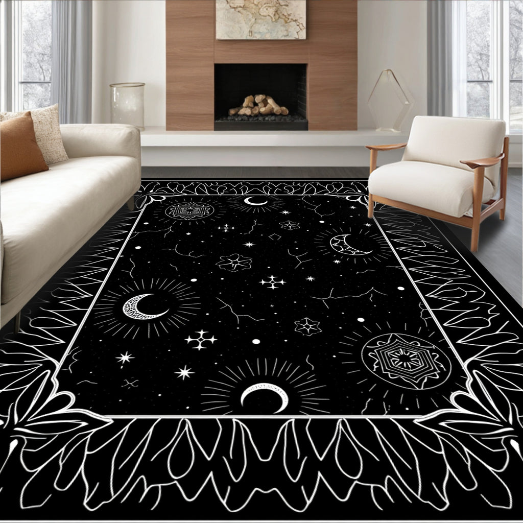 Celestial Black White Starry Moon Medallion Rug