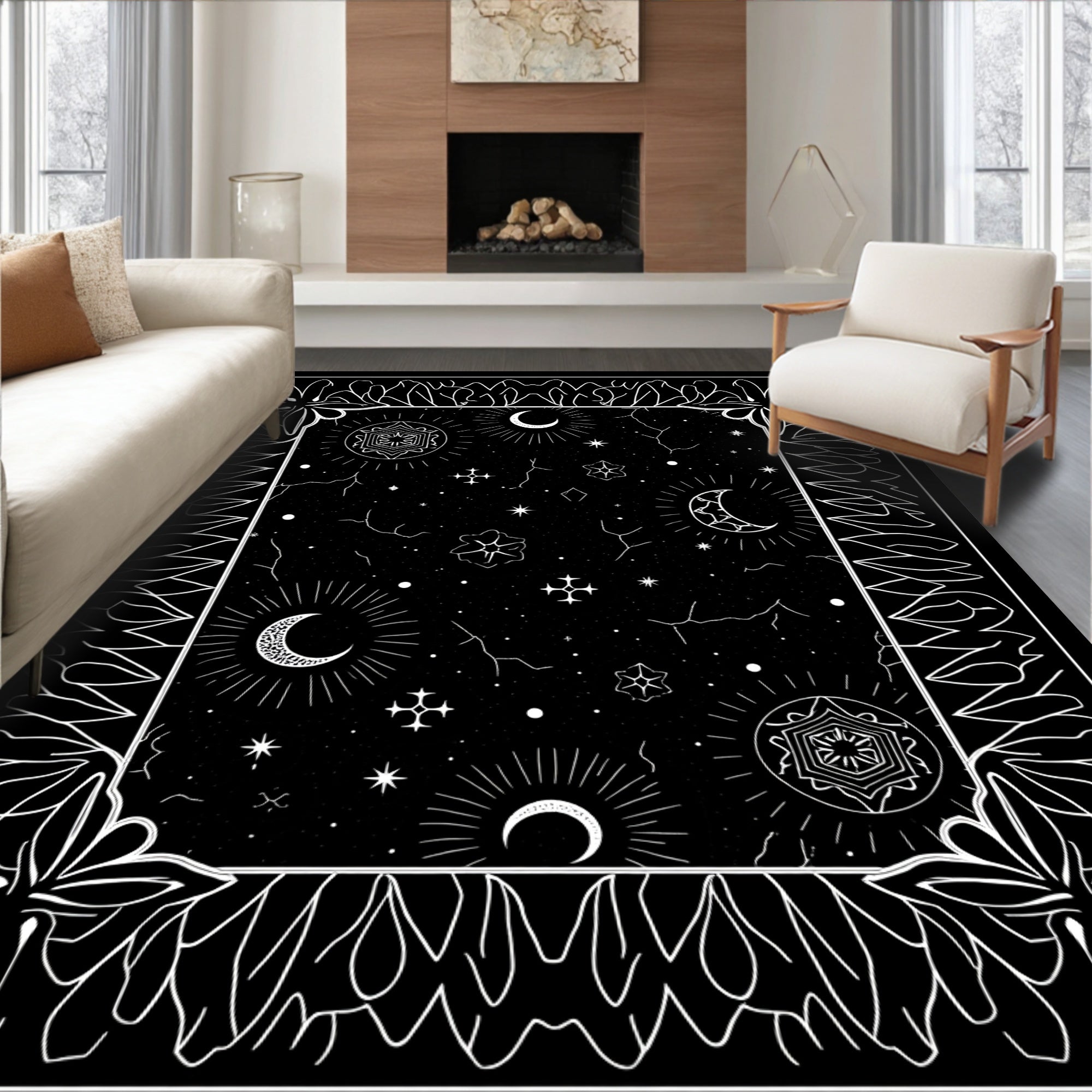 Celestial Black White Starry Moon Medallion Rug