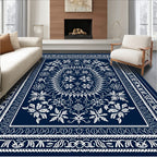 Deep Blue White Floral Mandala Rug
