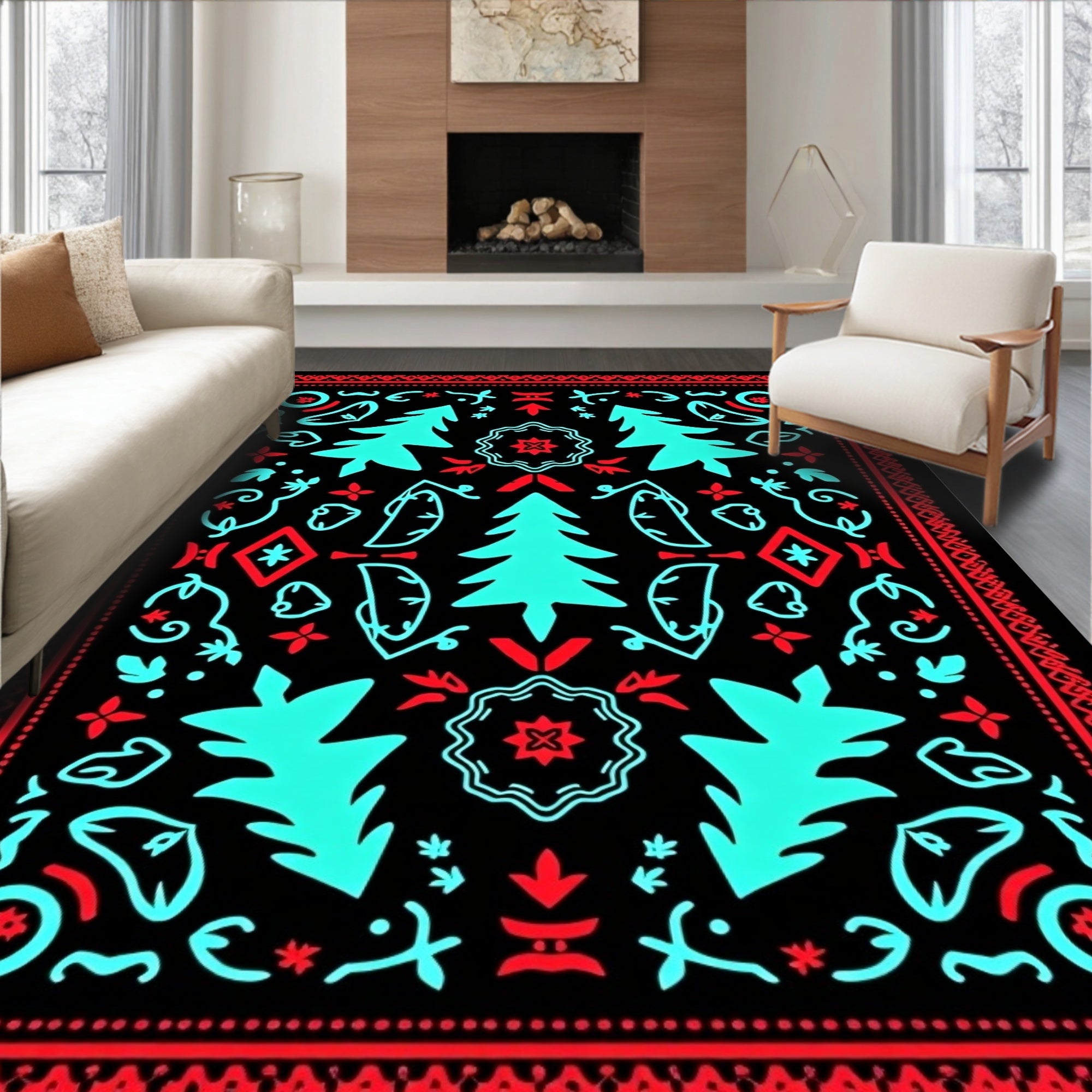 Nordic Folk Art Tree Motif Rug
