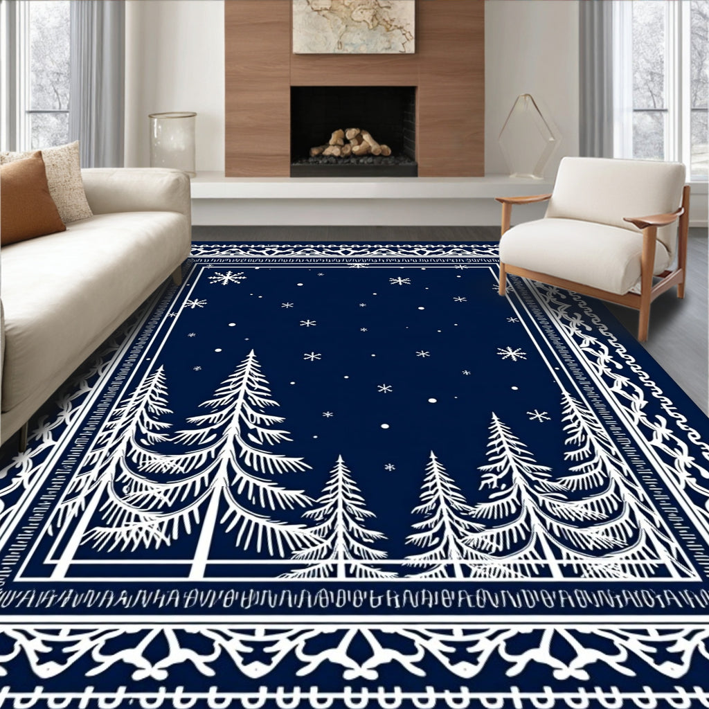 Midnight Blue Winter Forest Snowflakes Rug
