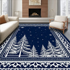 Midnight Blue Winter Forest Snowflakes Rug