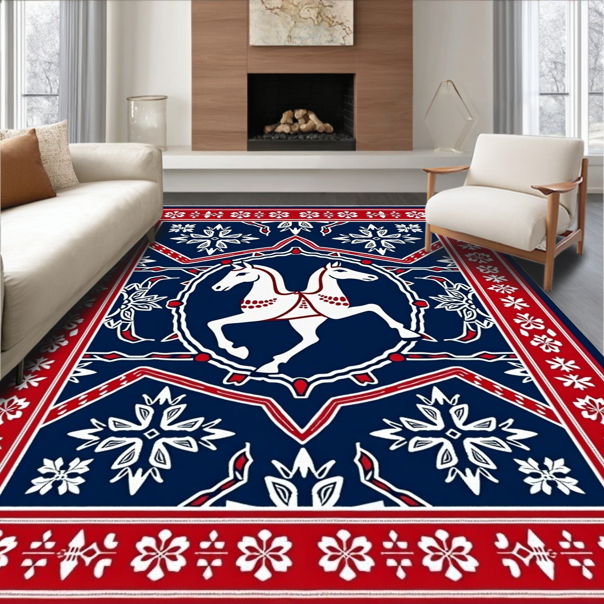Jumping White Horses on Navy Mandala Rug