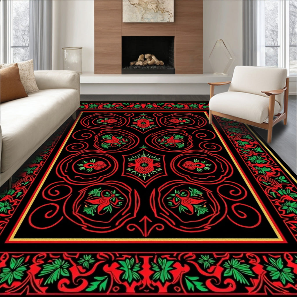 Vibrant Red Green Floral Border Rug