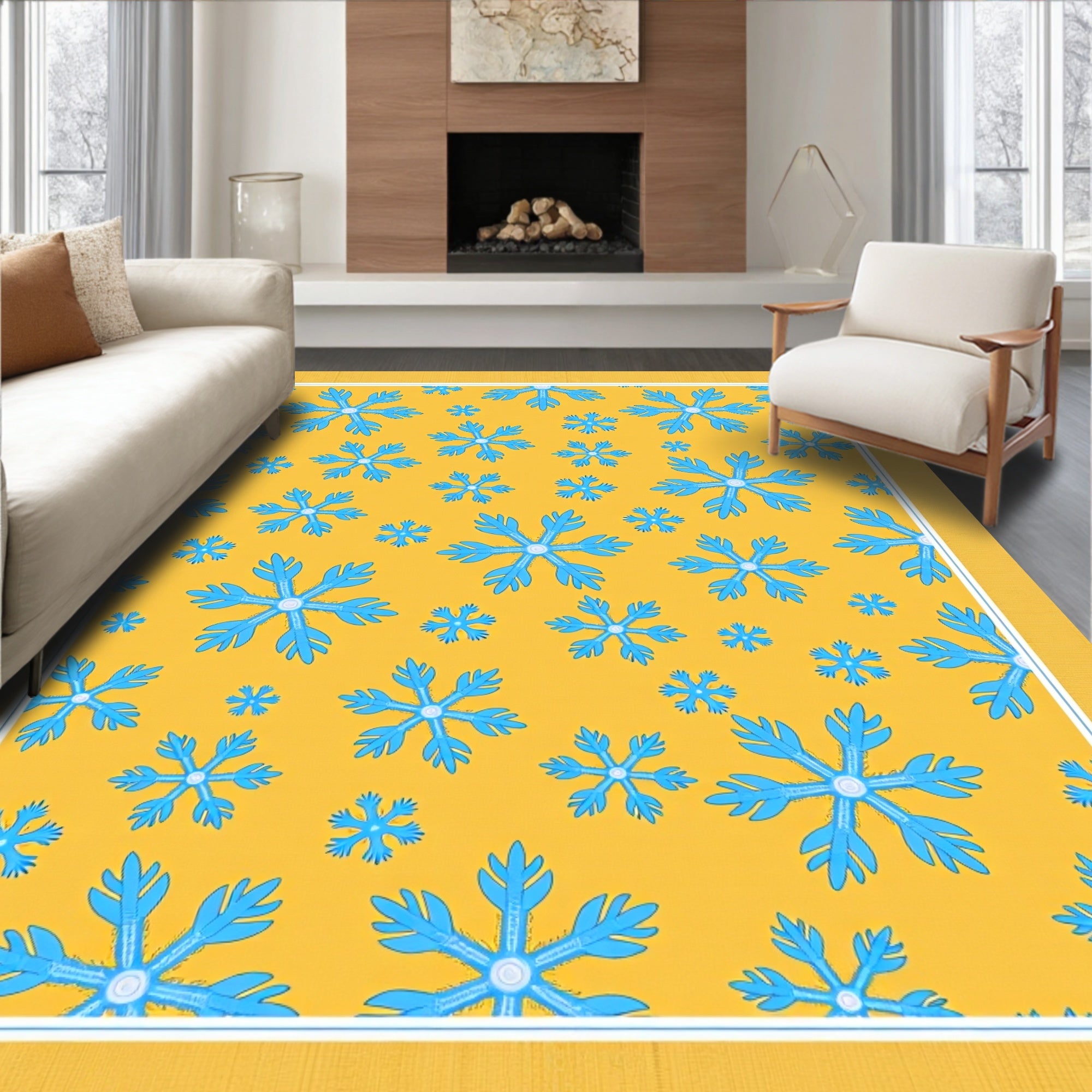 Blue Snowflake Scatter Yellow Background Rug