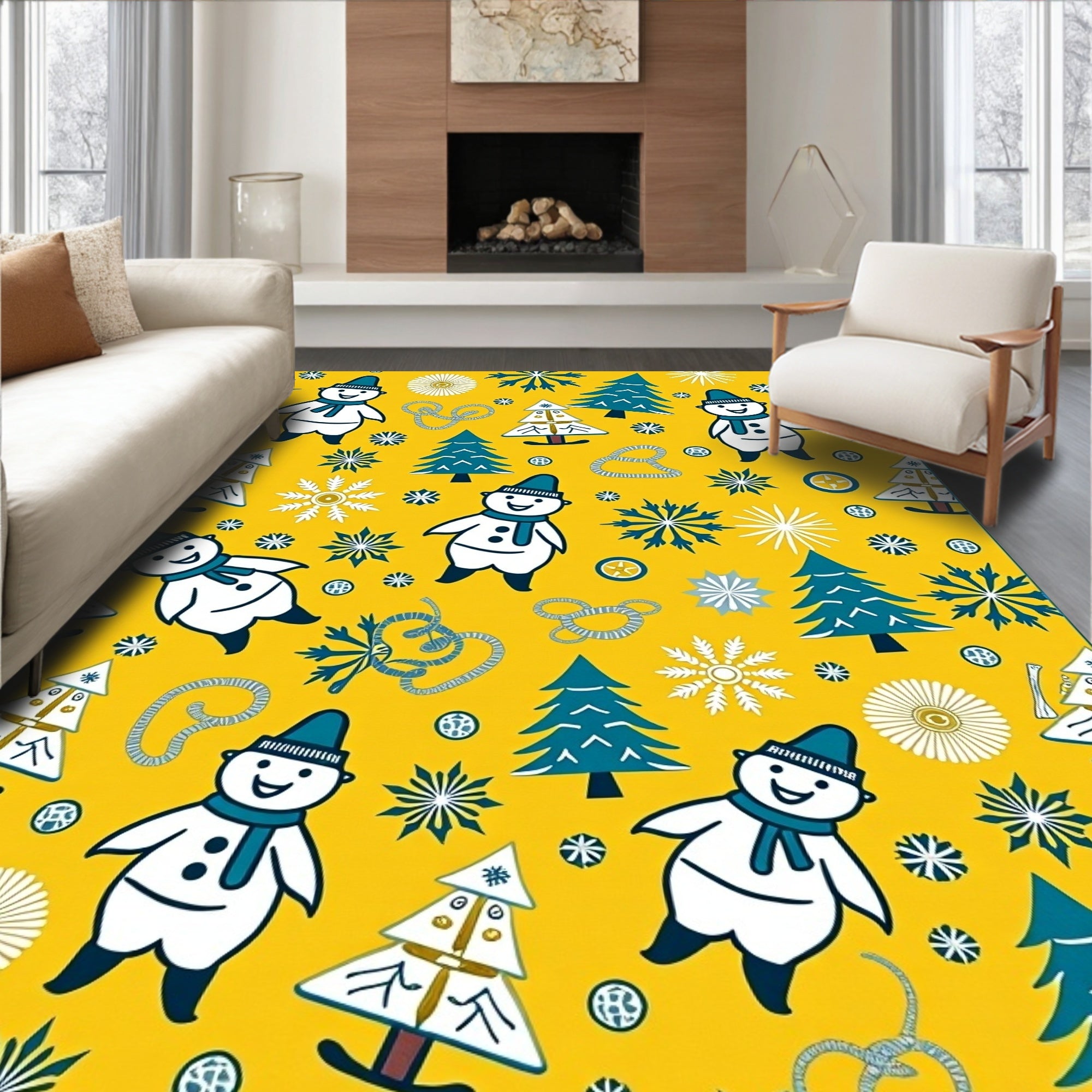 Joyful Snowman Christmas Tree Snowflakes Rug