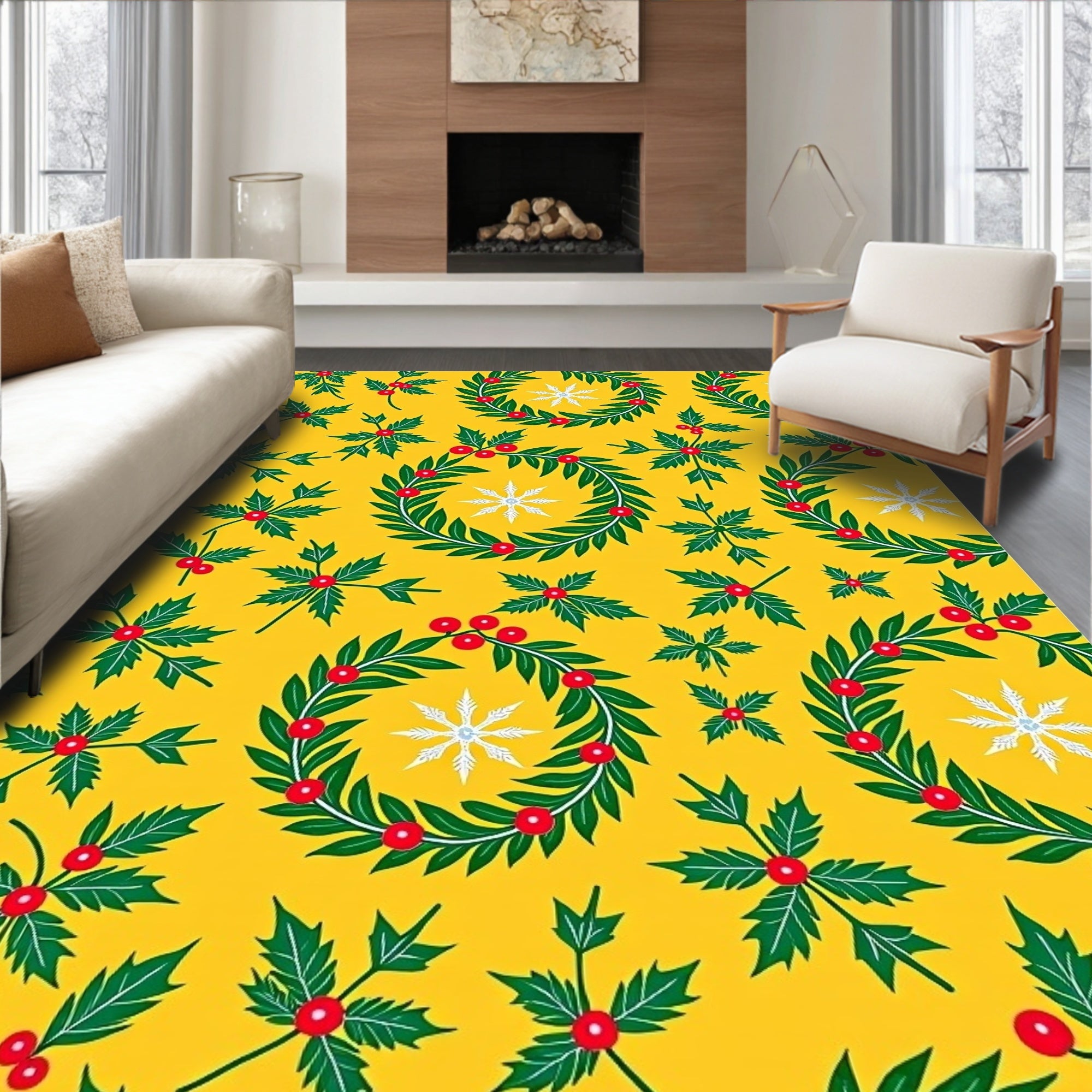 Yellow Holly Berry Wreath Snowflake Rug