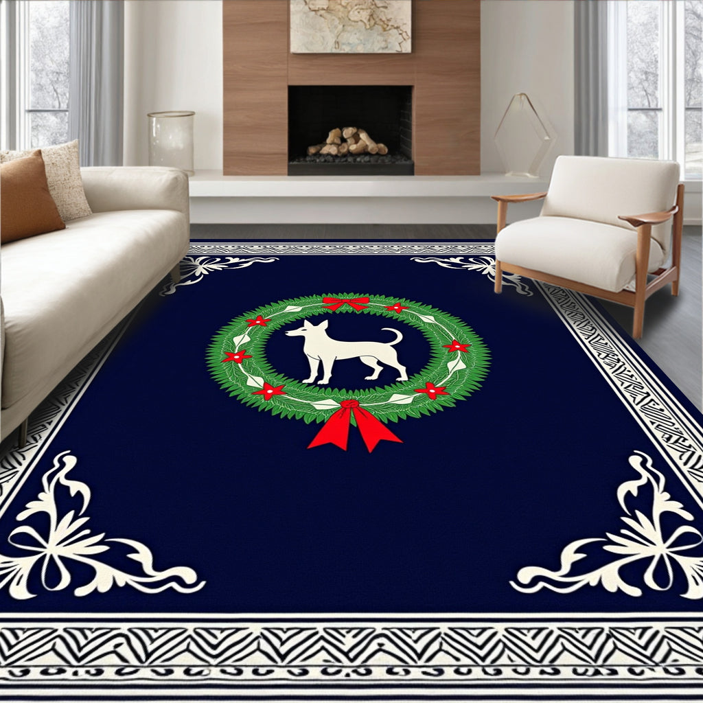Navy Blue Wreath Dog Festive Border Rug