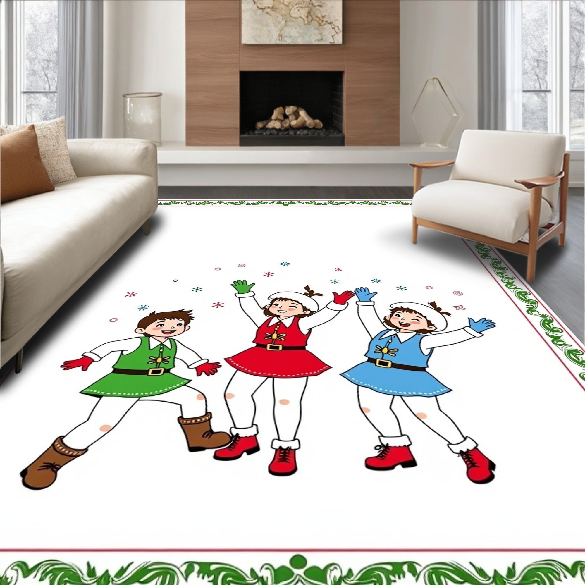 Whimsical Elves Merry Snowflakes Border Rug