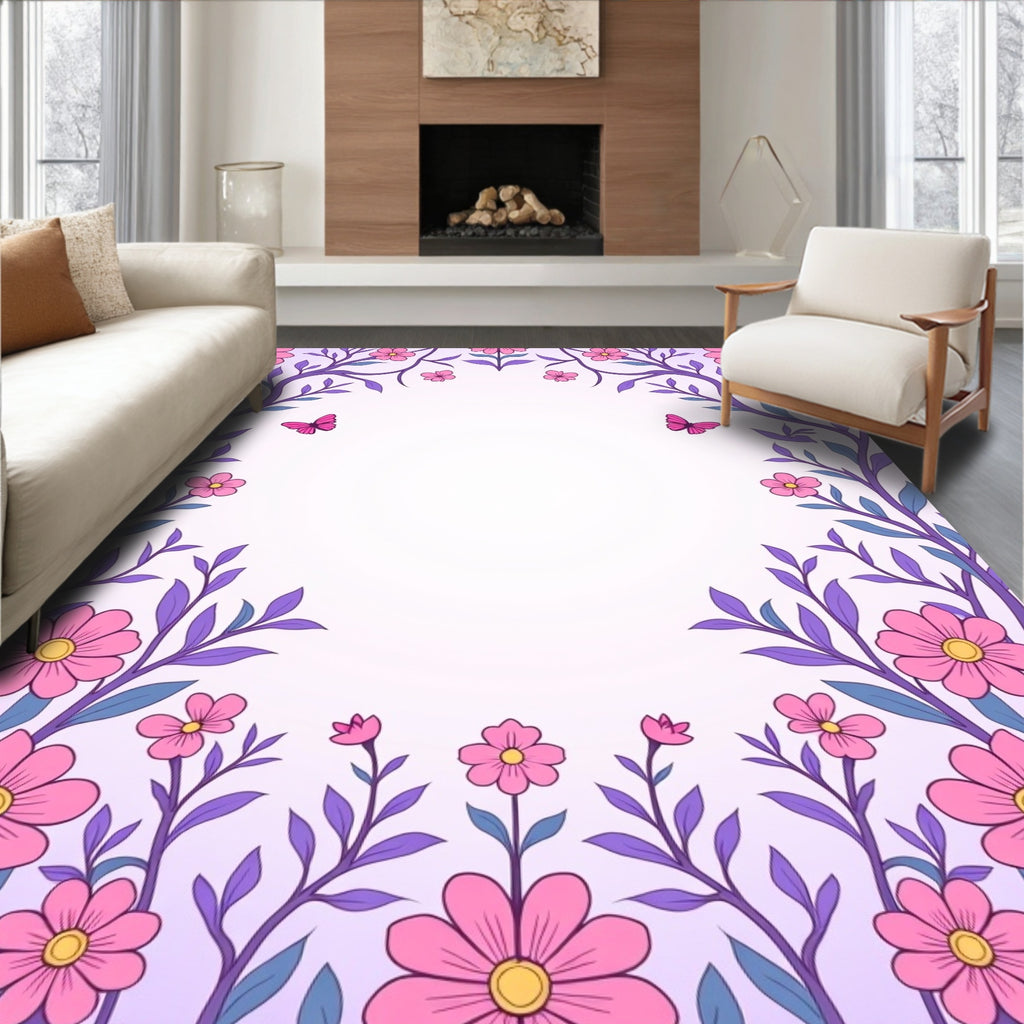 Whimsical Pink Floral Butterfly Frame Rug