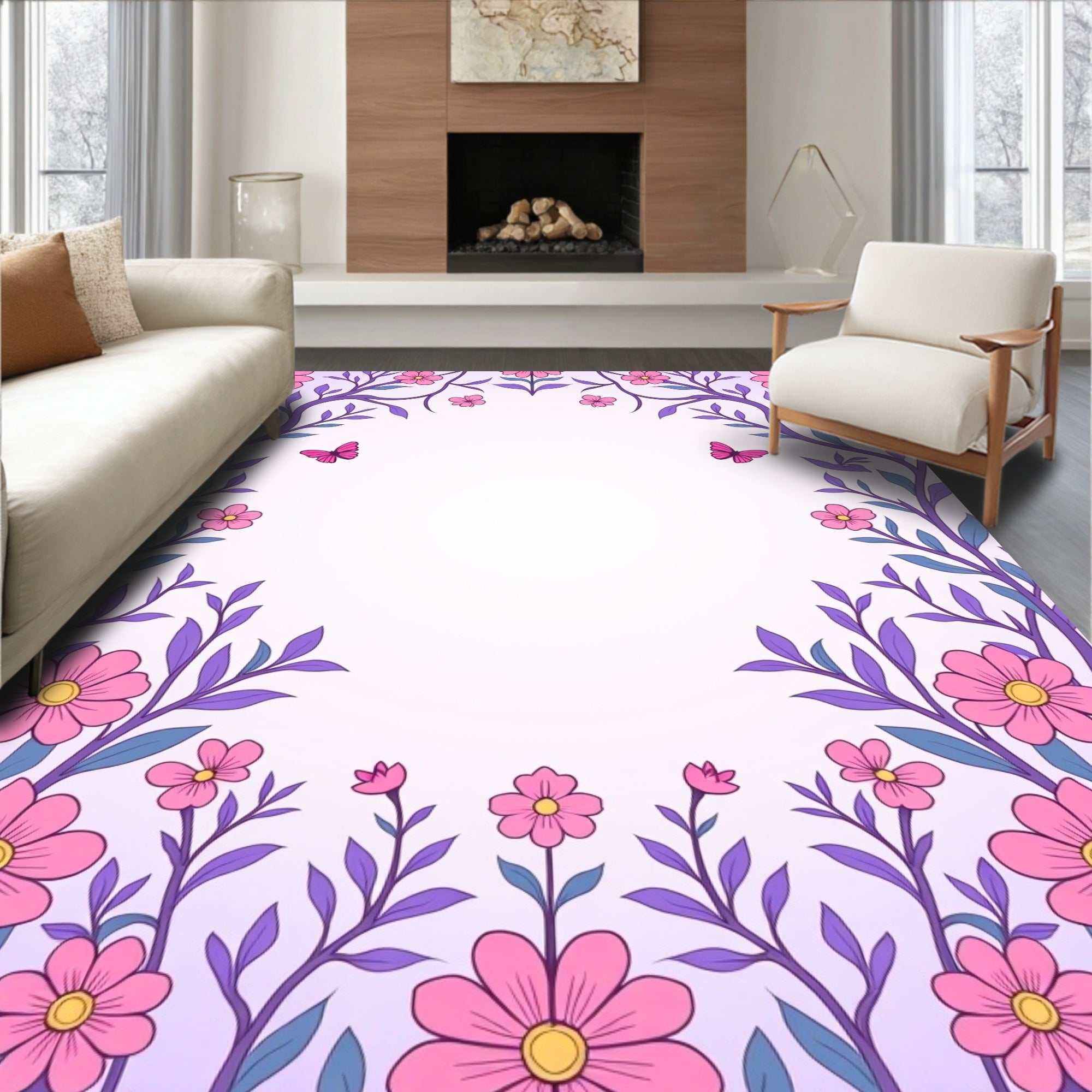 Whimsical Pink Floral Butterfly Frame Rug