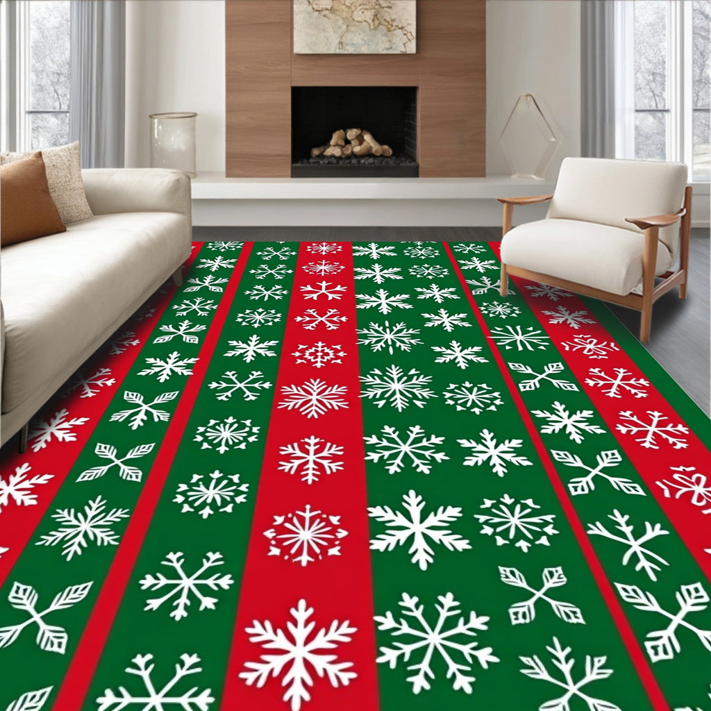 Red Green Striped Snowflakes Rug