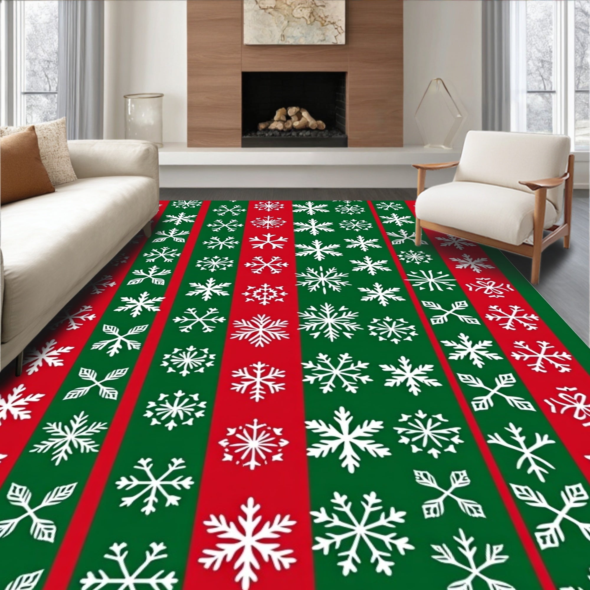 Red Green Striped Snowflakes Rug