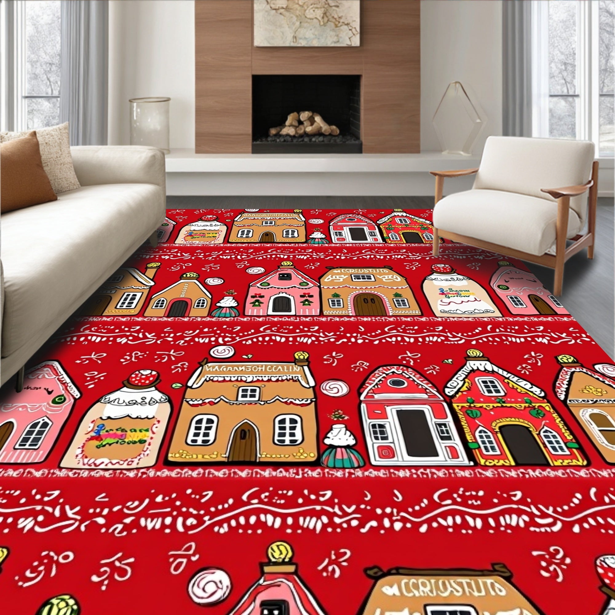 Sweet Gingerbread Village Holiday Red Rug
