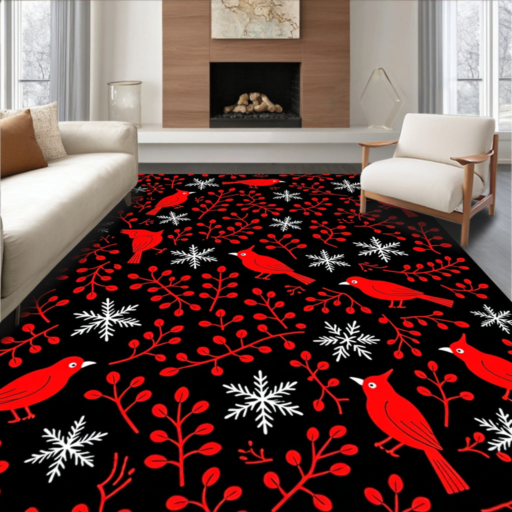 Red Cardinal Snowflakes Black Rug