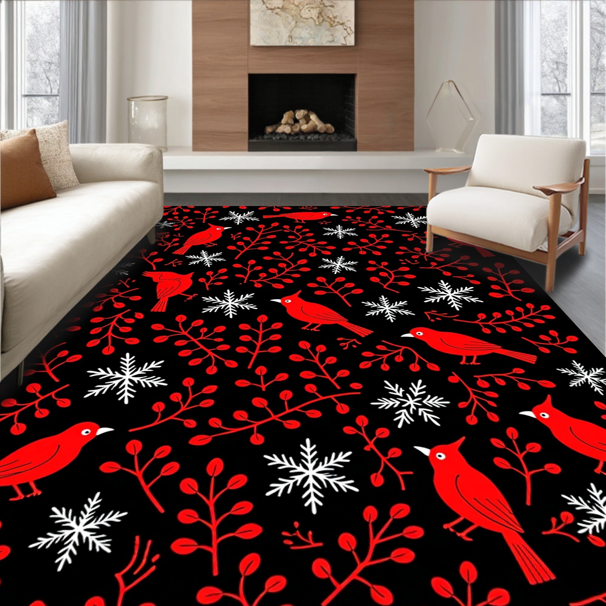 Red Cardinal Snowflakes Black Rug