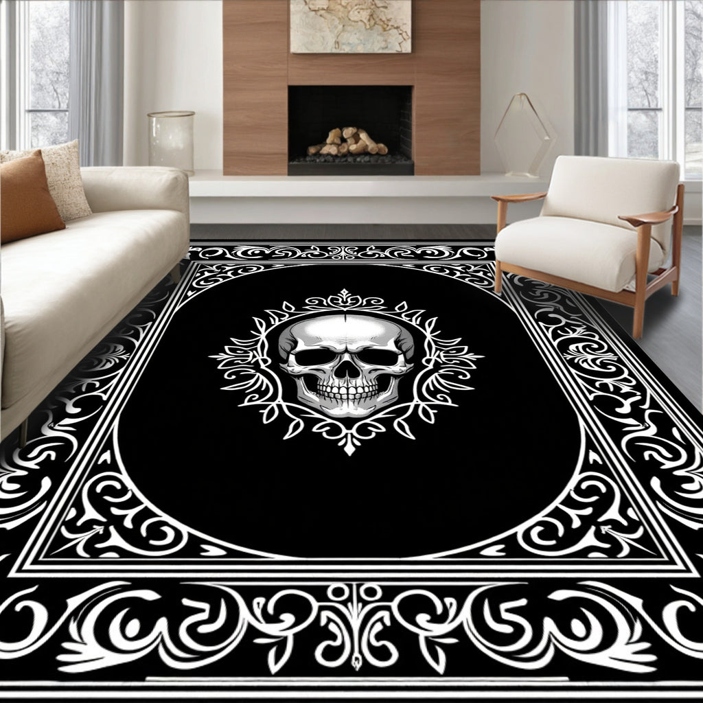 Gothic White Skull Ornate Frame Rug