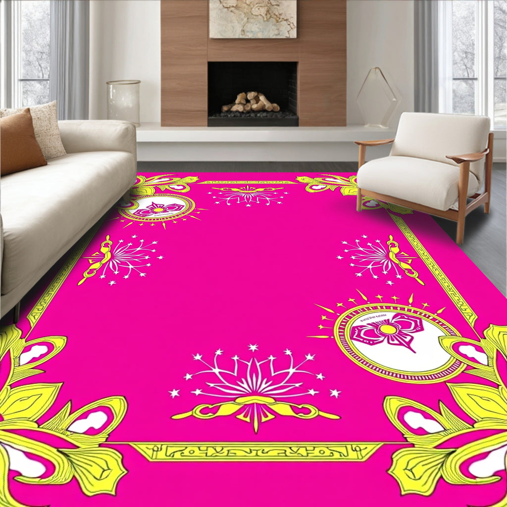 Vibrant Pink Yellow Floral Border Rug