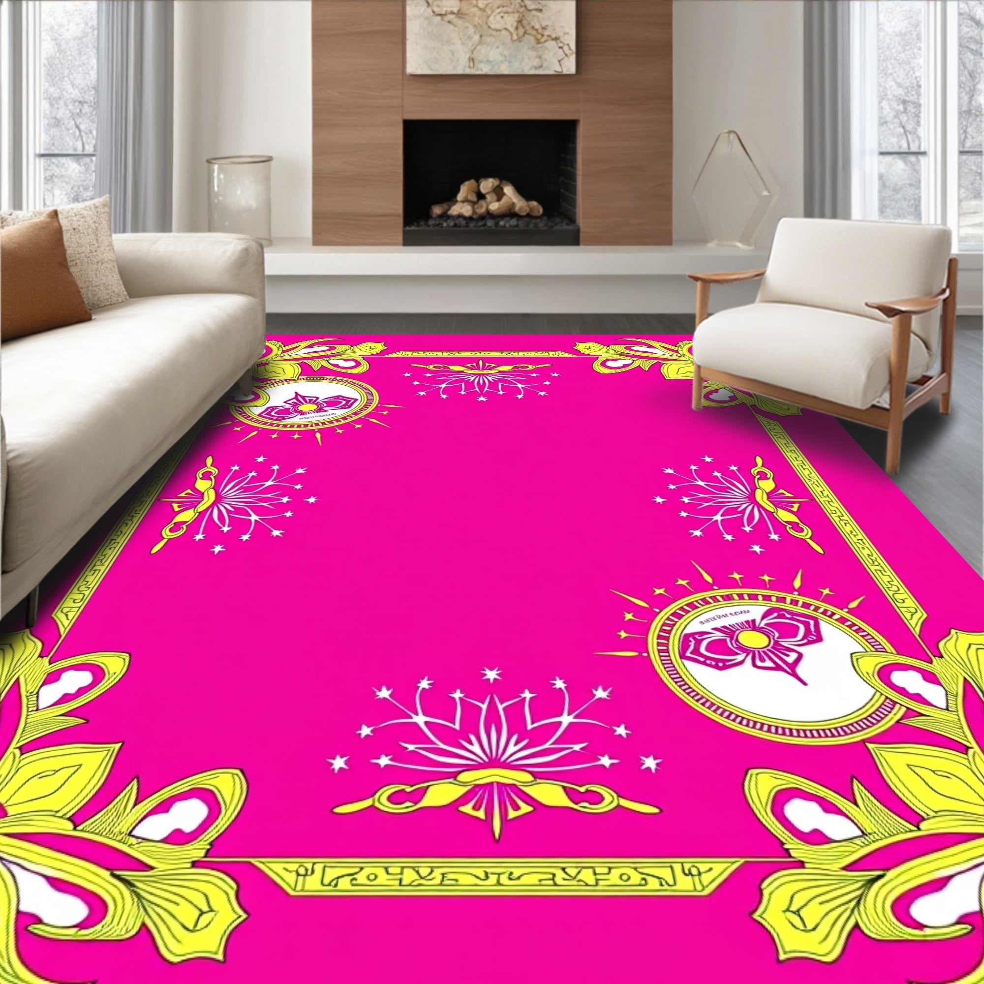 Vibrant Pink Yellow Floral Border Rug