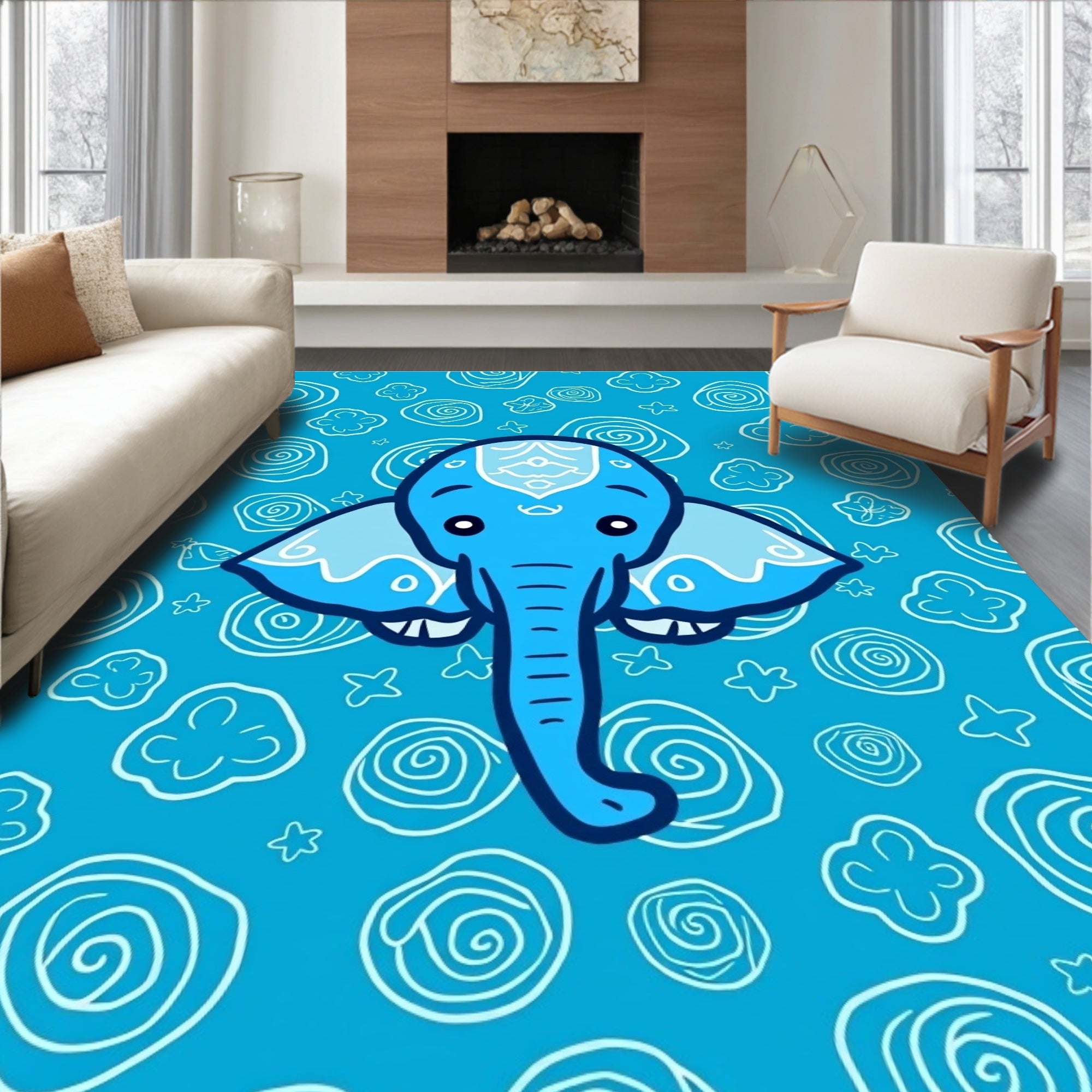 Cute Blue Elephant Swirls Rug