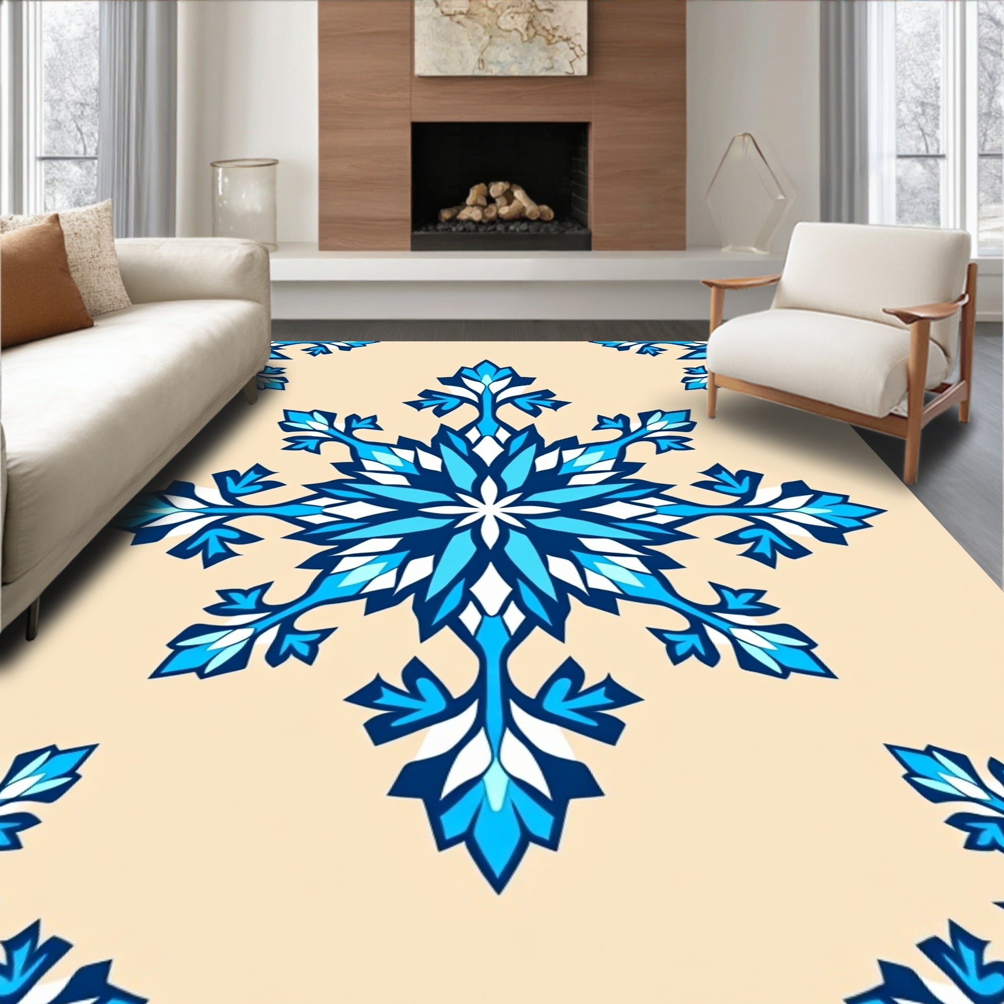 Ice Blue Snowflake Mandala Rug