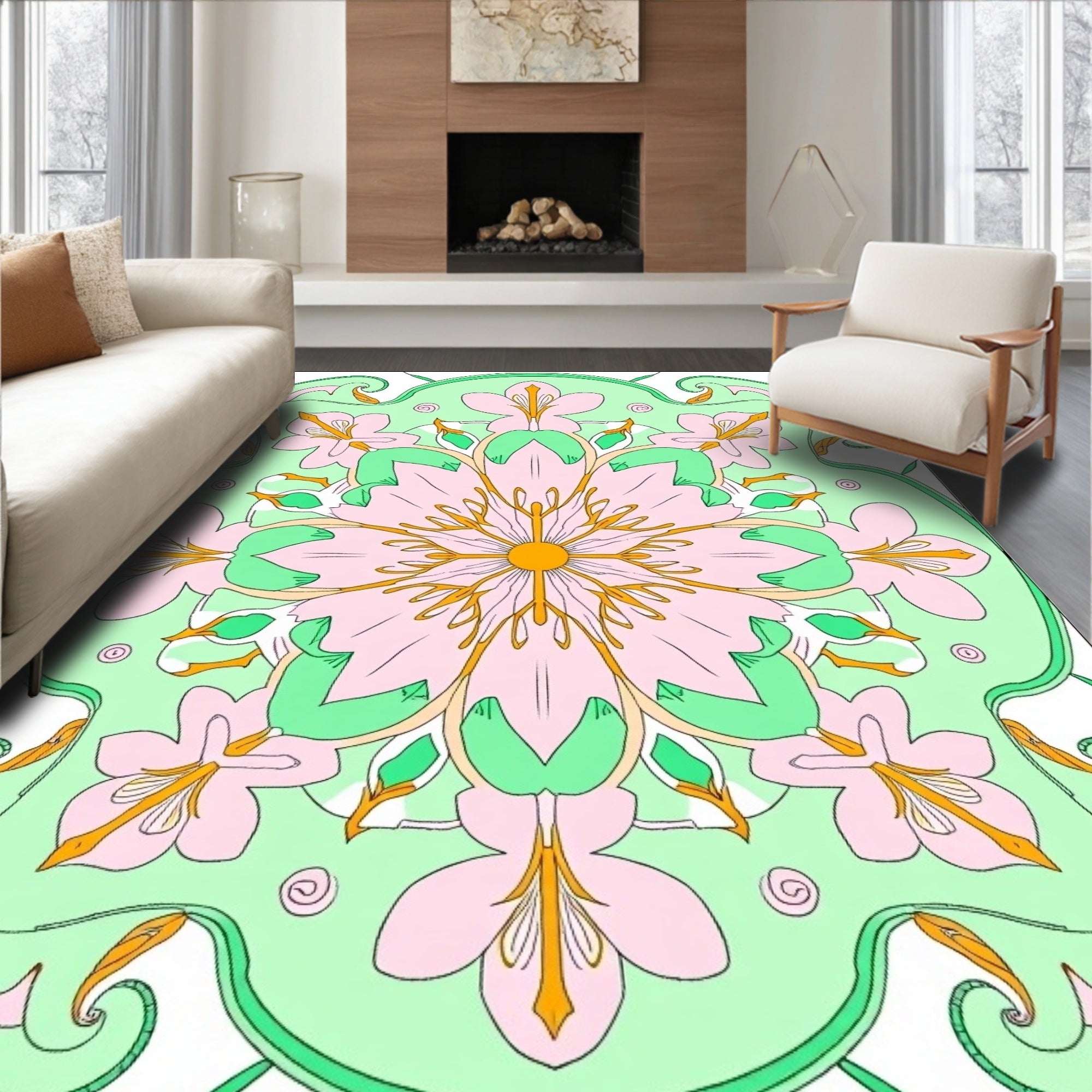 Delicate Pink Floral Mint Swirl Rug