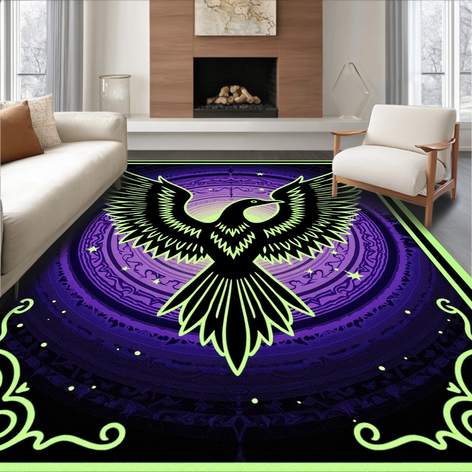 Mystic Black Bird Purple Mandala Rug