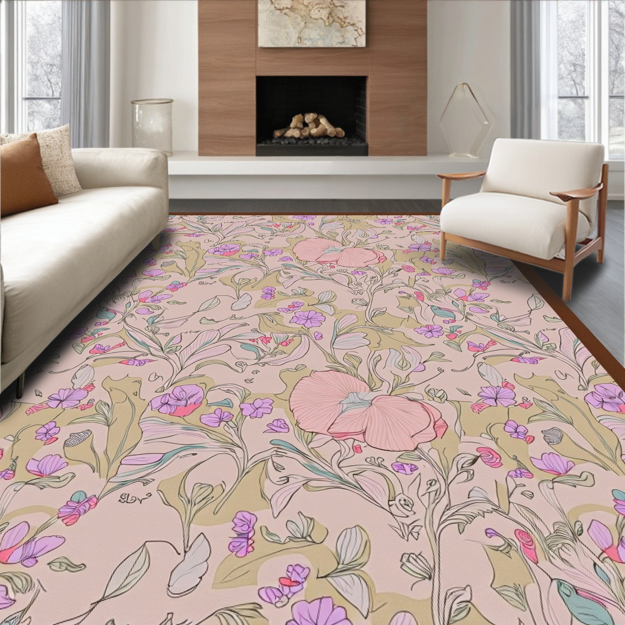 Vintage Pink Floral Botanical Garden Rug