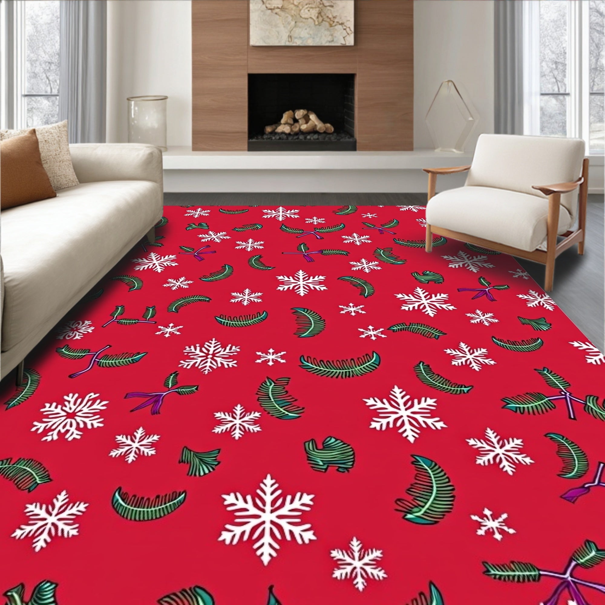 Crimson Snowflakes Green Boughs Rug