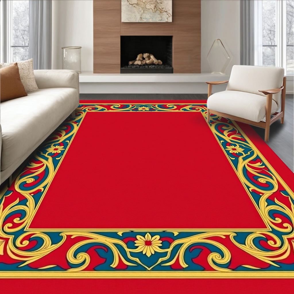 Ornate Red Gold Teal Floral Border Rug