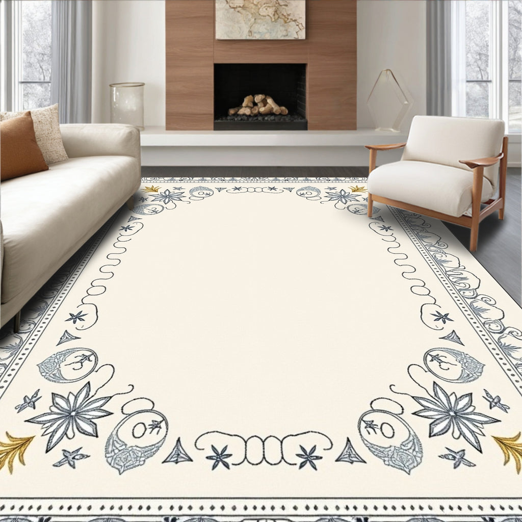 Cream Beige Blue Floral Border Accent Rug