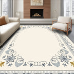 Cream Beige Blue Floral Border Accent Rug