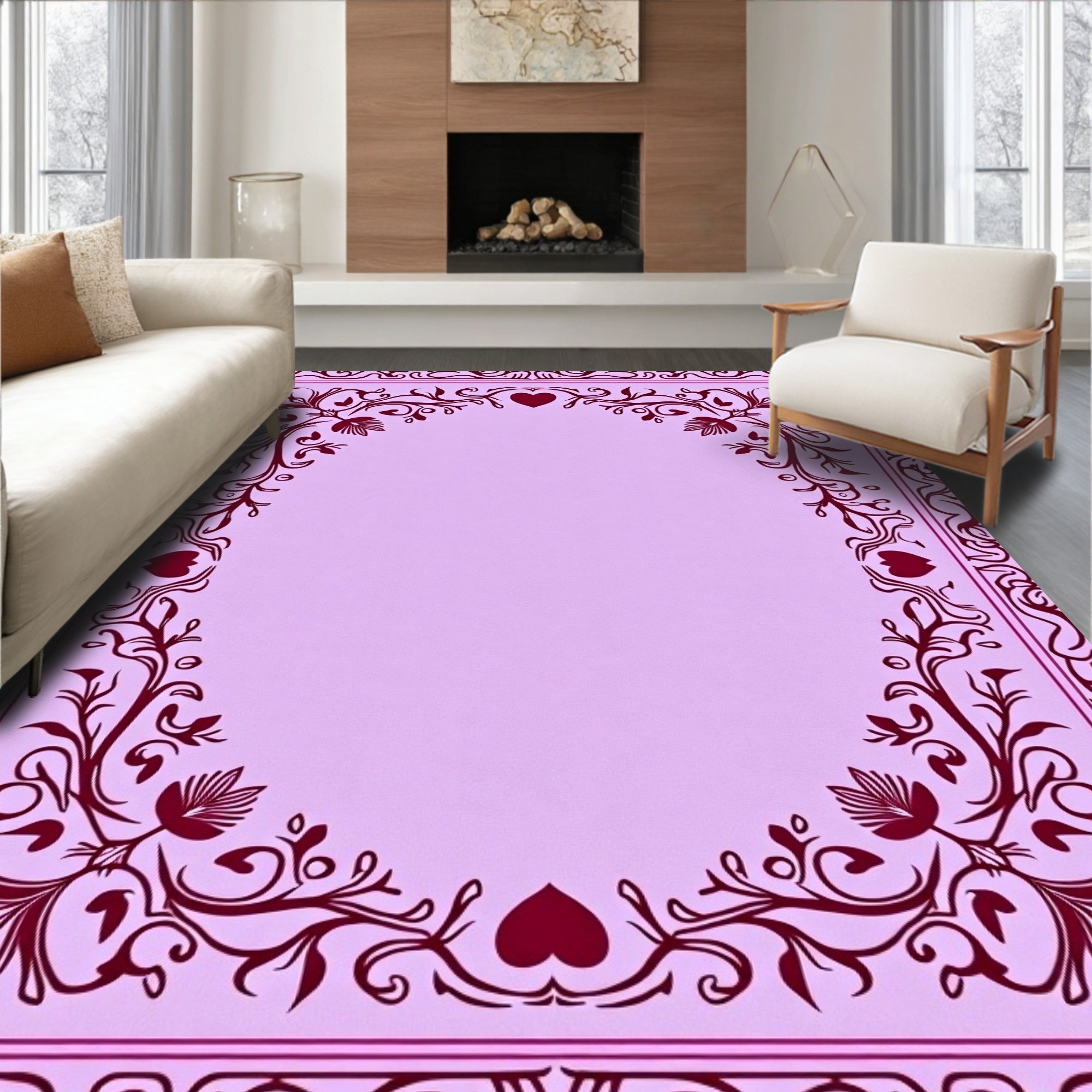 Ornate Lilac Heart Vine Border Rug